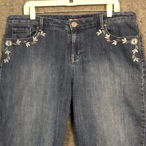 Denim &Co Jeans Womens 16 Comfort Stretch 38X28 Ankle Blue FLOWER EMBROIDERED